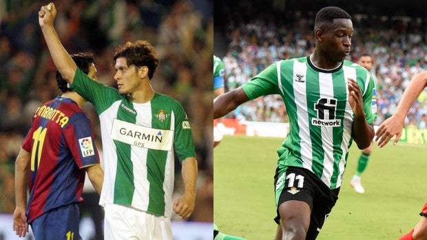A la izquierda, Edu celebra un gol marcado con el Betis al Barcelona; a la derecha, Luiz Henrique en el partido Betis - Girona