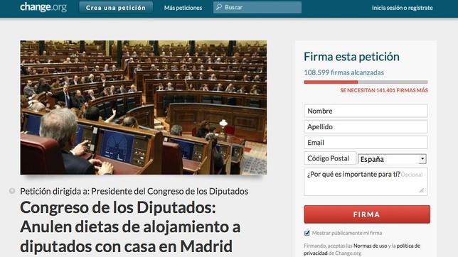 Más de 100.000 personas piden que se anulen las dietas de alojamiento a diputados con casa en Madrid