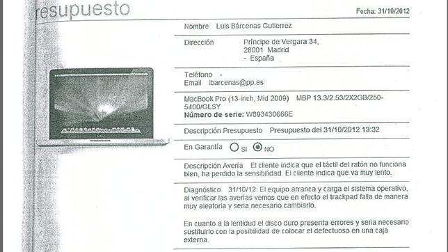 Una factura prueba que Bárcenas cambió el disco duro de su ordenador en 2012