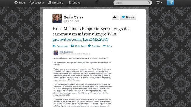 La carta de un joven valenciano con dos carreras que limpia baños en Londres