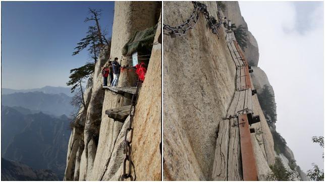 Cadenas para sujetarse en el ascenso al monte Hua
