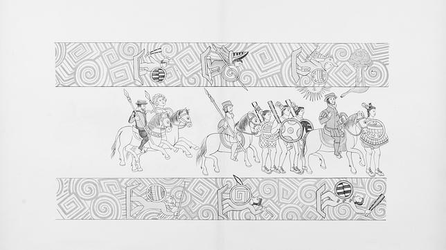 María de Estrada (en la última pareja a caballo), una mujer de las tropas de Cortés