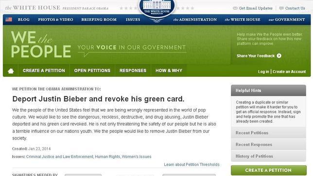Más de 13.000 personas piden a la Casa Blanca la deportación de Justin Bieber