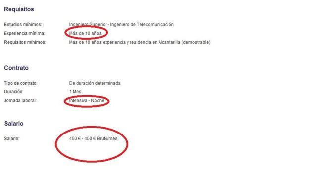 Oferta de empleo para ingenieros de telecomunicaciones publicada en Infojobs.net