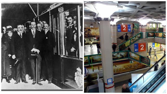 Alfonso XIII, en la inauguración de la estación de Sol; a la derecha, imagen actual de la terminal