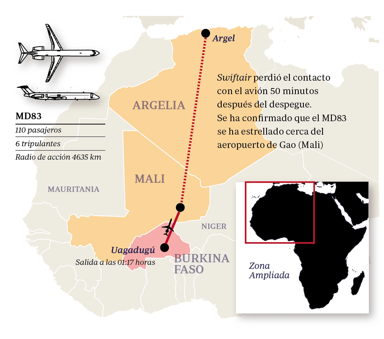 Un avión de Swiftair se estrella en Malí con 116 ocupantes, seis de ellos españoles