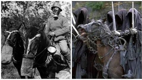 El parecido entre los nazgul (d) y los jinetes antigas (i) es innegable