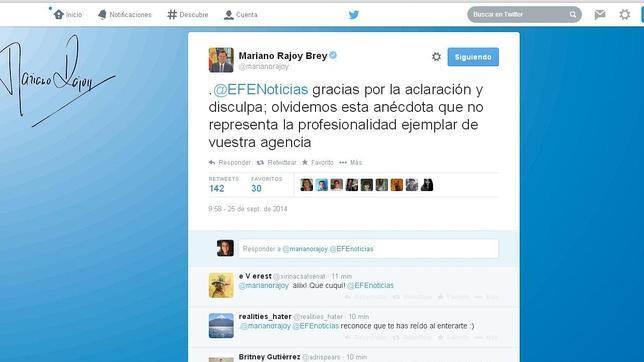 El presidente del Gobierno acepta las disculpas de EFE por publicar un tuit con «#RajoyMariquita»