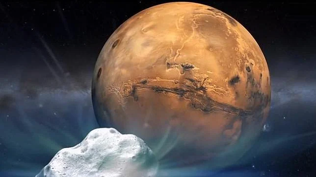 Recreación artística de la aproximación a Marte del cometa Siding Spring