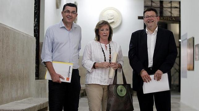 Enric Morera (Bloc-Compromís), Marga Sanz (EUPV) y Ximo Puig (PSPV), en una imagen de archivo