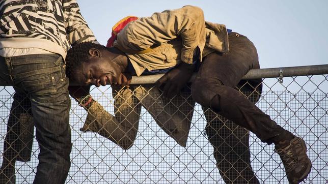 Un inmigrante, encaramado a la valla de Melilla este miércoles 22 de octubre