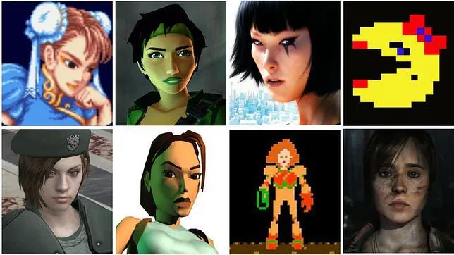 Arriba: Chun li (en «Street Fighter II»), Jade («Beyond Good and Evil»), Faith Connors («Mirror's Edge»), Ms PacMan. Abajo: Jill Valentine («Resident Evil»), Lara Croft («Tomb Raider»), Samus Aran («Metroid»), Jodie Holmes («Beyond: Two Souls»)