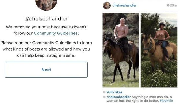 La imagen que Handler subió a Instagram (derecha) junto al mensaje que recibió por parte de la red social (izquierda)