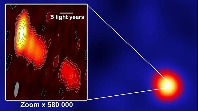 Imagen de IC 310 en rayos gamma, con una ampliación de la región central a partir de observaciones de la red europea de interferometría EVN