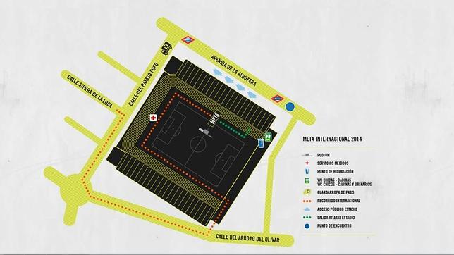 Plano de la meta internacional, que culmina dentro del estadio