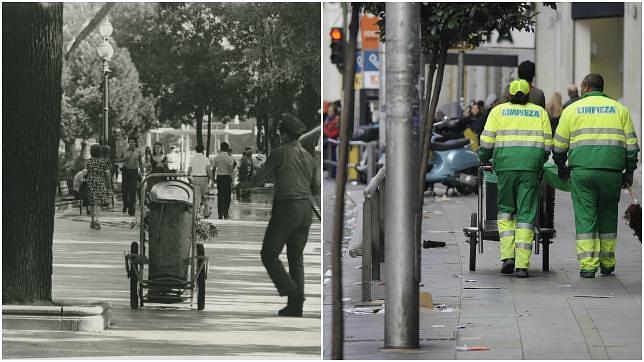 Izq., un barrendero municipal en los 70 en una calle de Madrid. En 2014, cambian los uniformes, pero el carrito y las escobas continúan