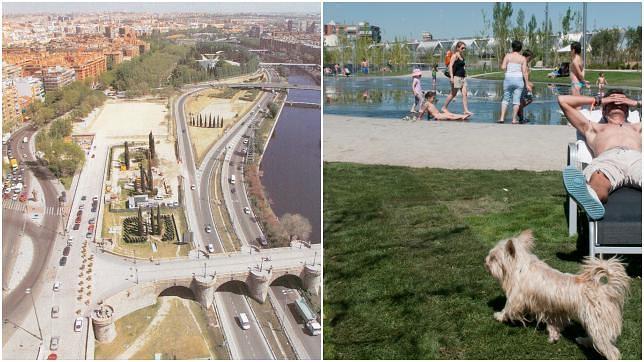 Así era (izq.) la M-30, cuando aún pasaban coches bajo el Puente de Toledo. Derecha, la «playa» de Madrid Río