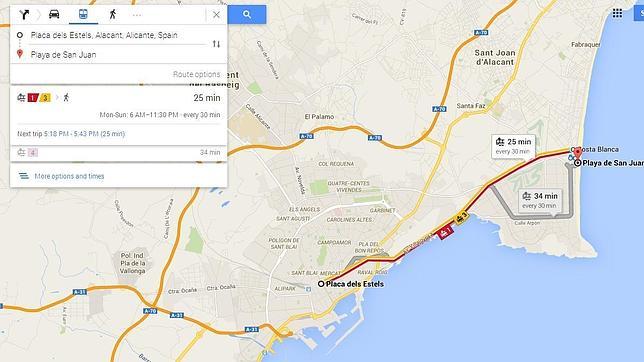 Planificación de ruta desde la Plaza de los Luceros a la playa de San Juan con Google Transit