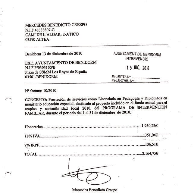 El Ayuntamiento de Benidorm pagó 21.500 euros a la hija de una concejal socialista de Altea