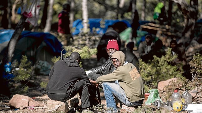 Grupo de subsaharianos acampados en el monte Gurugú, frente a Melilla, en espera de una oportunidad de saltar la valla