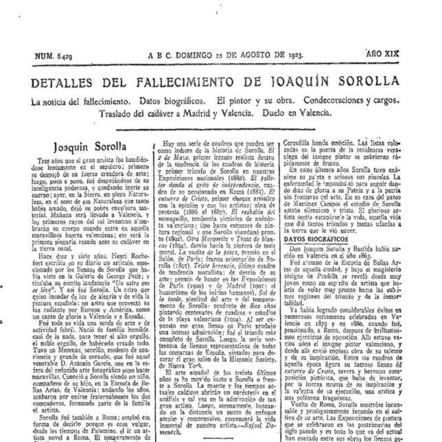 La emotiva crónica de la muerte de Joaquín Sorolla en las páginas de ABC