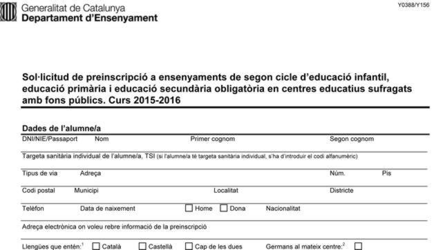 Cataluña vuelve a omitir la casilla del castellano en la preinscripción escolar