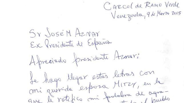 Ledezma, «prisionero de un gobierno represivo», escribe una carta a Aznar