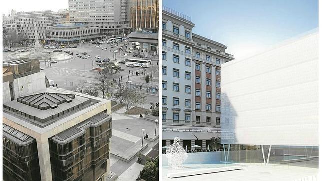 La plaza de Margaret Thatcher, vista desde el Hotel Sanvy, con el Banco Madrid en primer término; y la recreación de cómo hubiera quedado la zona