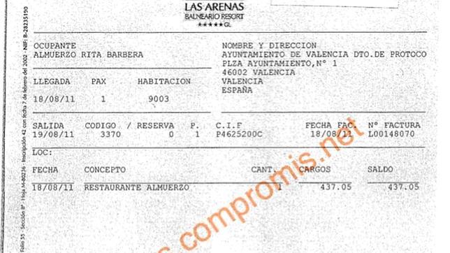 Imagen de una factura de un restaurante cargada por Rita Barberá por importe de 437 euros