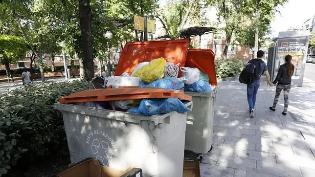 Los cubos de basura repletos de bolsas en el distro de Villaverde