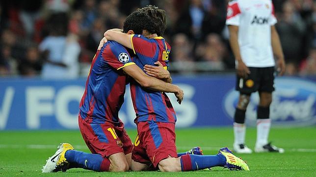 Los jugadores del Barça, tras batir al United