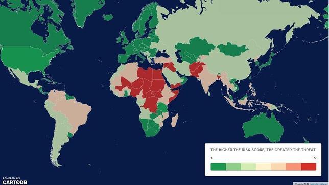 Mapa de países y capitales con mayor riesgo de sufrir un ataque terrorista