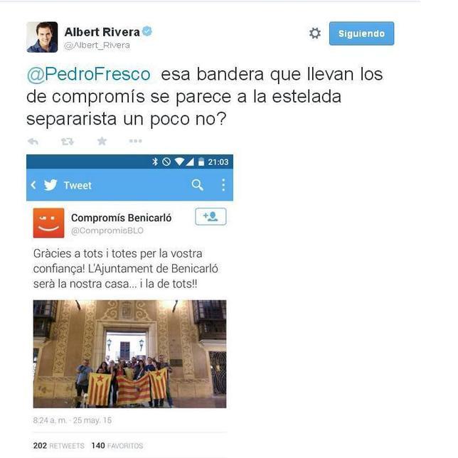 Albert Rivera: «¿Esa bandera que llevan los de Compromís se parece a la estelada separatista, no?»