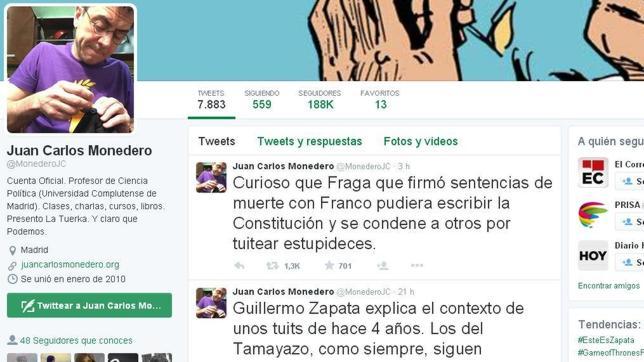 Perfil en Twitter del exdirigente de Podemos, Juan Carlos Monedero