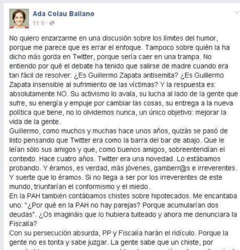 Colau apoya a Zapata y cree que la Fiscalía «hará el ridículo» por pedir su imputación