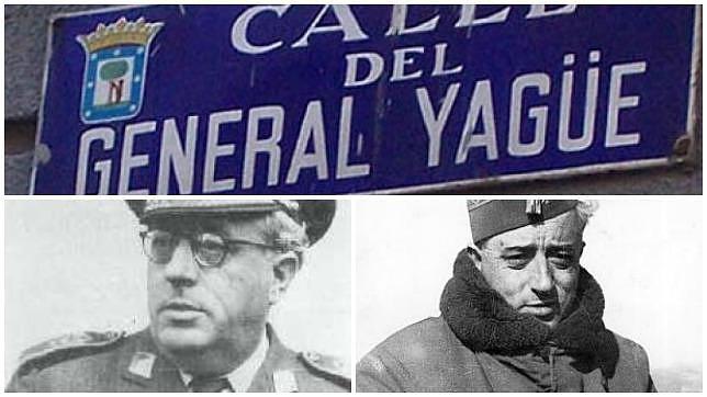 Placa de la calle del General Yagüe y fotografías del mismo en diferentes ocasiones