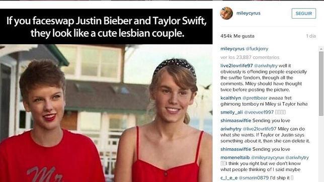 Miley Cyrus bromea sobre Justin Bieber y Taylor Swift en Instagram