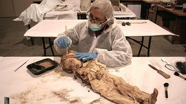 La directora del Instituto Estudios Científicos en Momias, Mercedes González, trabaja en la restauración de uno de los cuerpos hallados en Quinto