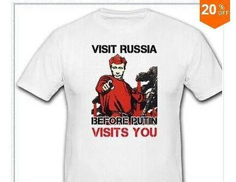 Camiseta con un 20% de descuento con la cara de Putin y el texto: «Visita Rusia antes de que Putin te visite a ti»
