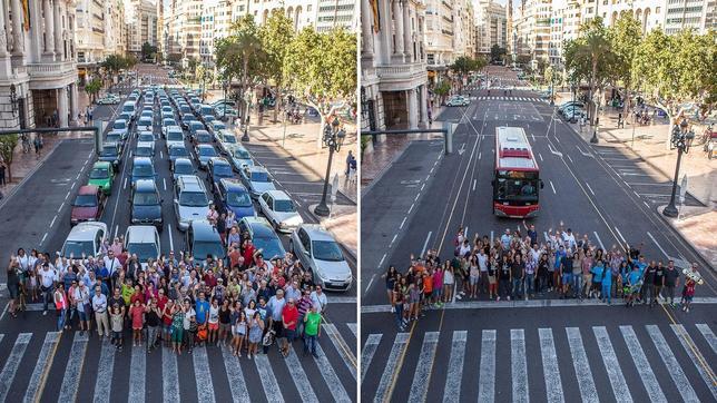 Ribó corta el tráfico para demostrar que 60 coches ocupan más espacio que un bus