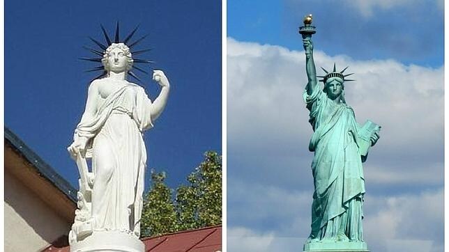A la izquierda, la estatua de Madrid, en el Panteón de Hombres Ilustres; y a la derecha, la más famosa, en Nueva York