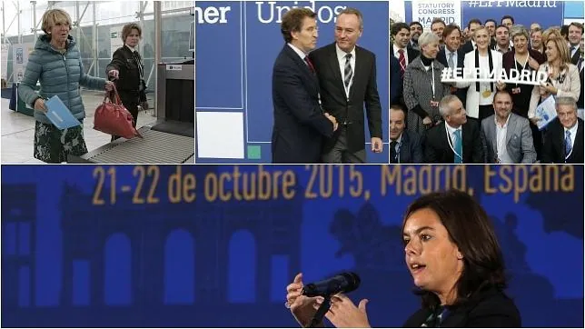 De izq. a dcha y arriba abajo, Aguirre, a su llegada al Congreso; Feijóo y Fabra; Cifuentes con la delegación española; y la vicepresidenta Sáenz de Santamaría en su comparecencia