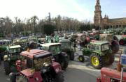 Medio millar de tractores colapsan el tráfico e inician una acampada en la Plaza de España