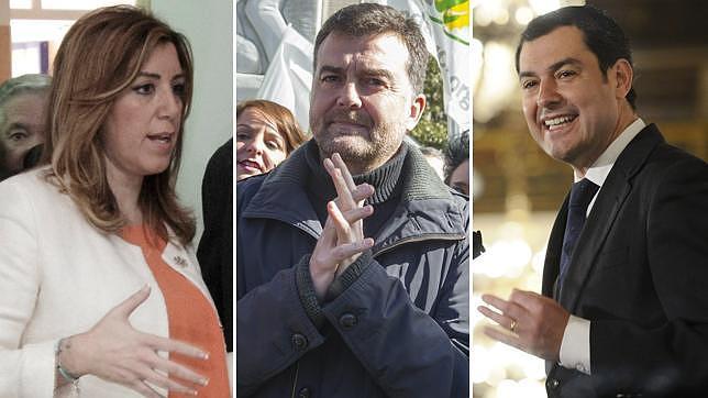 LA candidata del PSOE, Susana Díaz, el candidato de IU-CA, Antonio Maíllo y el candidato del PP, Juanma Moreno