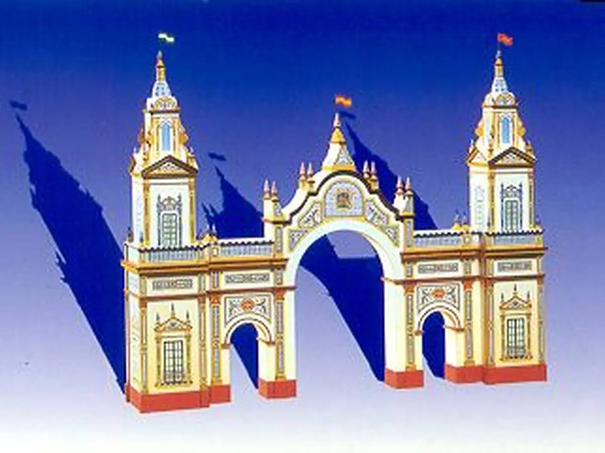 Portada de la Feria de Abril de 2002. El año 2002 se celebró el décimo aniversario de la Exposición Universal de 1992, de ahí que el arco central se basara en la puerta de entrada al Monasterio de la Cartuja mientras que los baluartes laterales y los detalles de azulejería se inspiraron en la Plaza de España