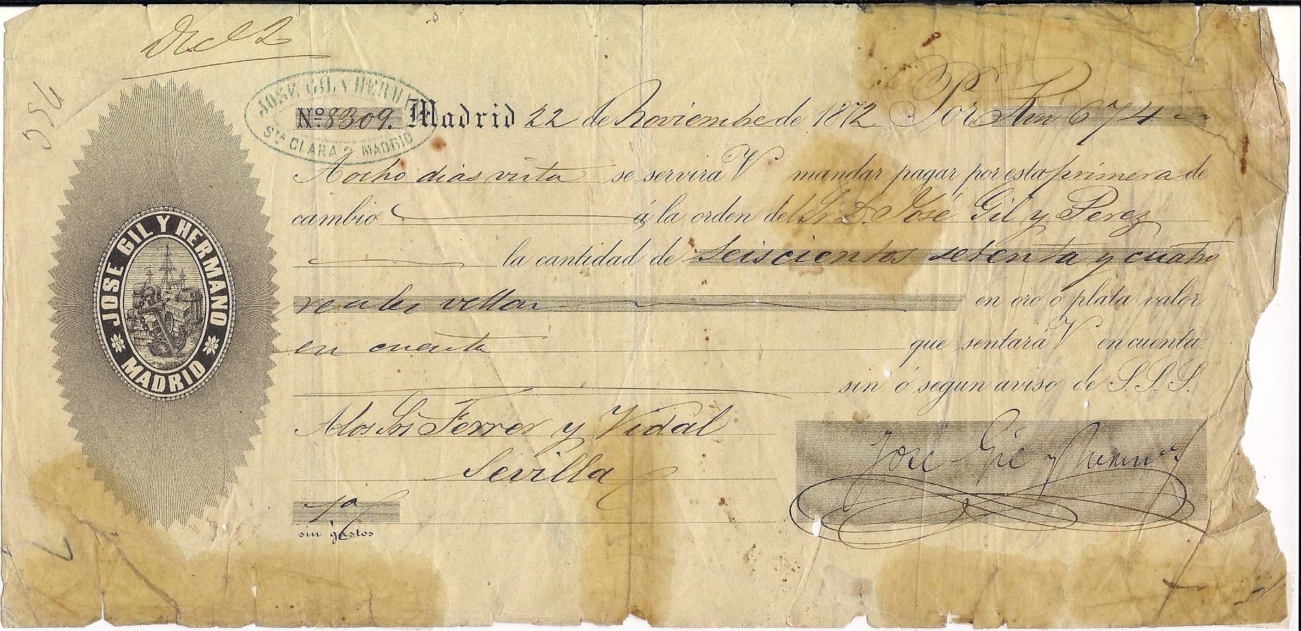 Una letra de cambio de 1872. 