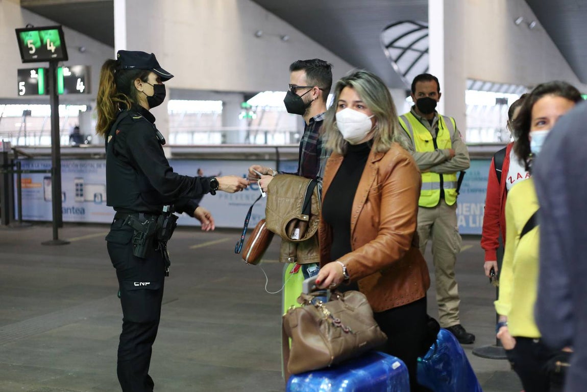 Agentes de la Policía Nacional realizan un control a los viajeros de tren en Santa Justa
