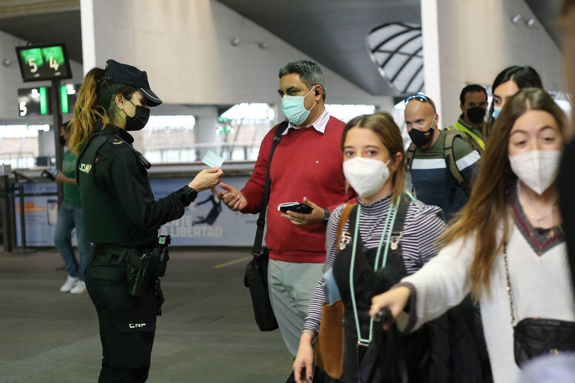 Agentes de la Policía Nacional realizan un control a los viajeros de tren en Santa Justa