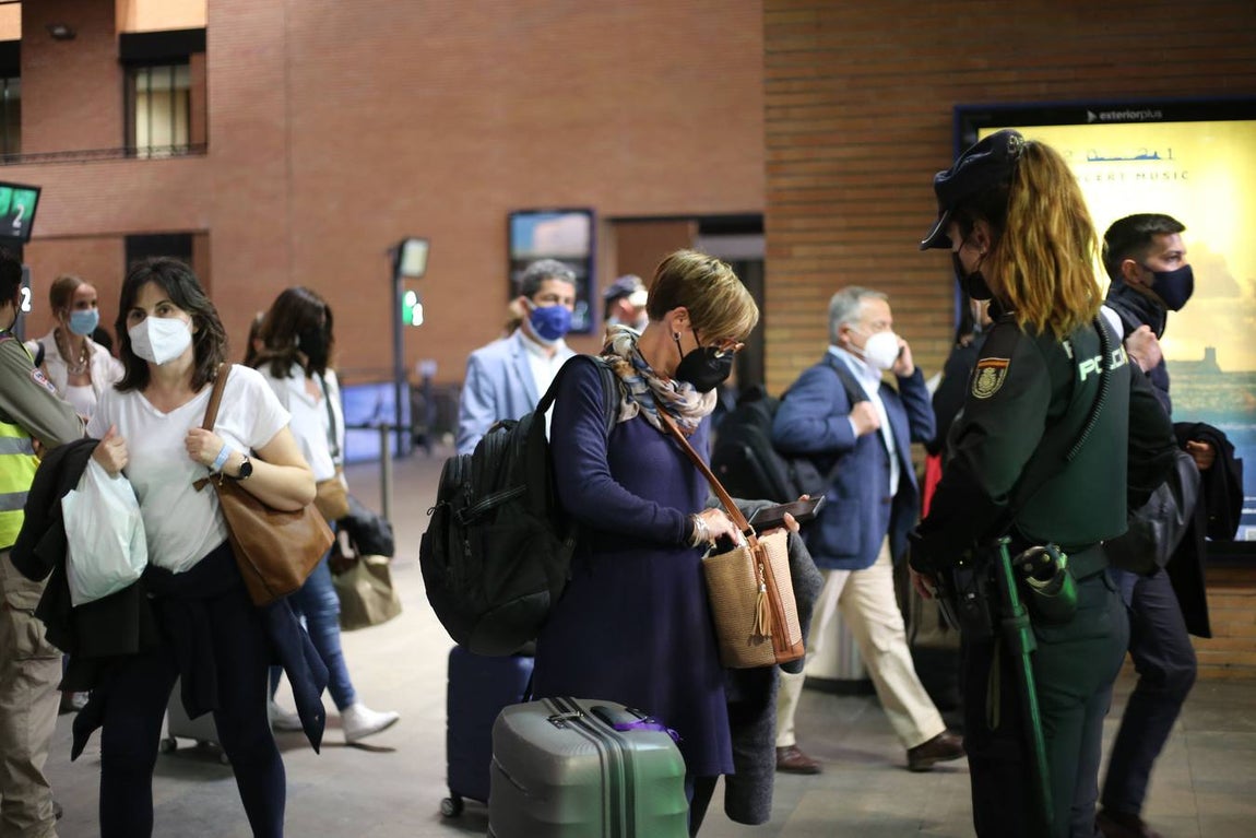 Agentes de la Policía Nacional realizan un control a los viajeros de tren en Santa Justa