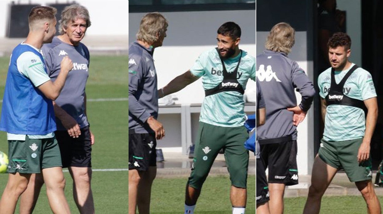 Pellegrini dialoga con Loren, Fekir y Aitor en diferentes momentos del inicio del entrenamiento del Betis